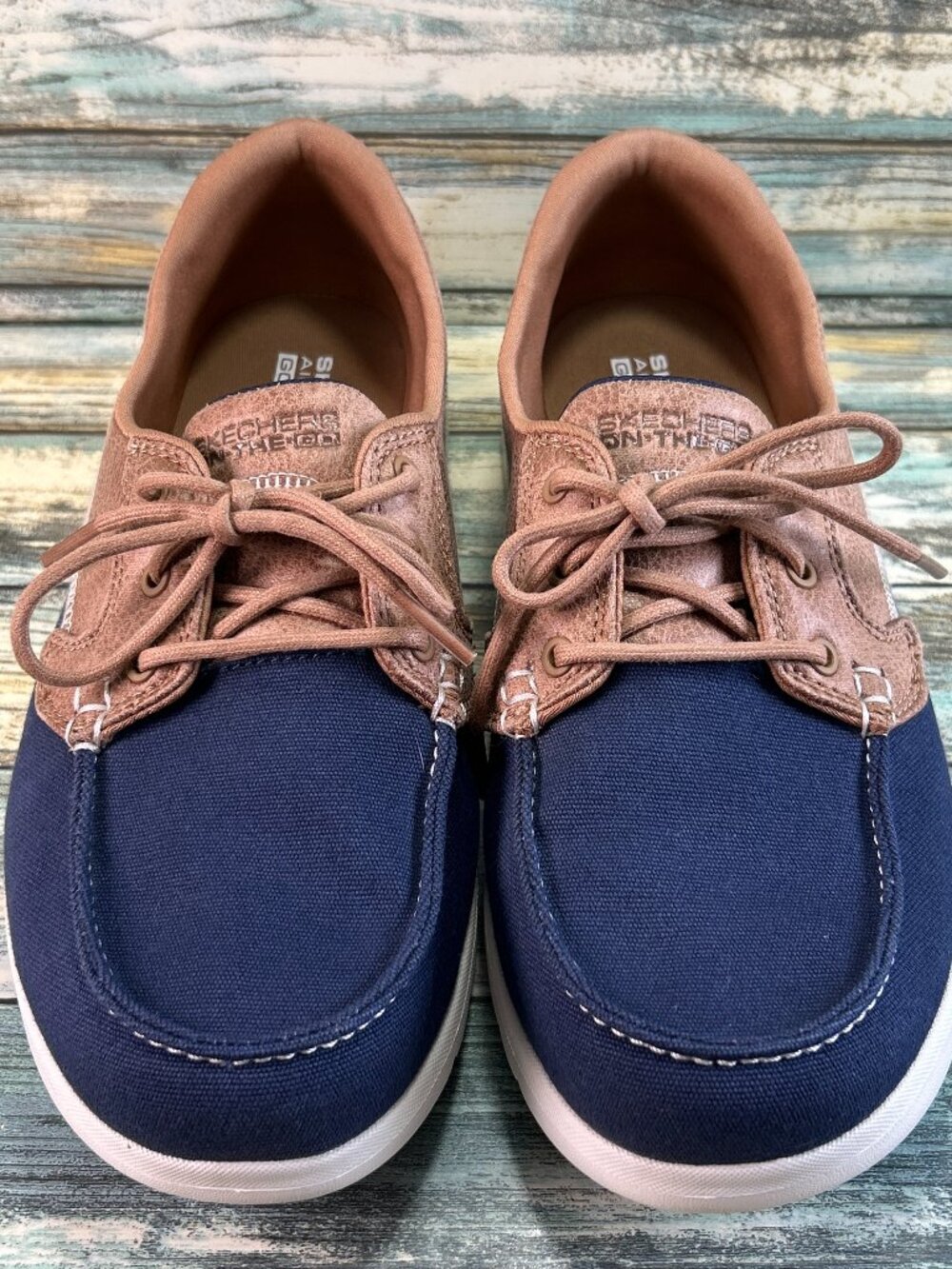 SKECHERS Boat Shoes Size 7.5 On The Go Nautical Comfort Sneaker Shoe Blue Brown